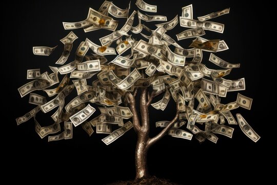 Money tree of good luck and Feng Shui made of banknotes. Capital growth, investment, saving money, economy, finance and business concept.