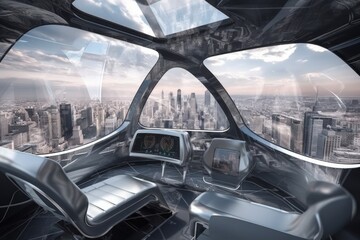 aliens traveling in flying vehicle of the future, with the view of futuristic city visible through window, created with generative ai