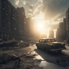 Obraz premium Empty street of bombed out city. Apocalyptic view of abondoned city downtown with destroyed car as disaster film poster concept. City destroyed by war or armageddon. Generative AI
