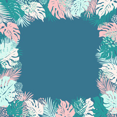 Monstera palm leaves - tropical border frame for different purposes. Exotic frame for text message. Vector illustration.