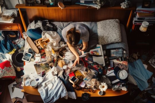 person, purging unwanted items in messy room, with view of tidy and organized space, created with generative ai