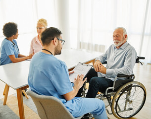 nurse doctor senior care caregiver help assistence wheelchair retirement home nursing elderly woman disabled disability man walker
