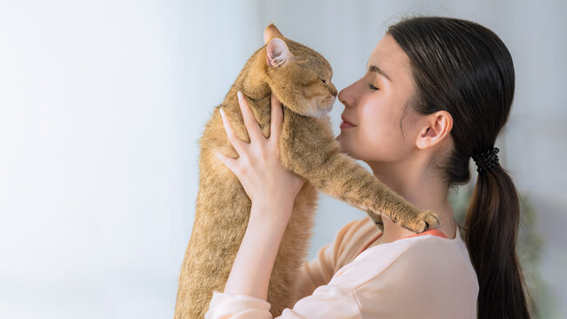beautiful young asian woman lifting her adorable cat, faces close with love on blurry white background