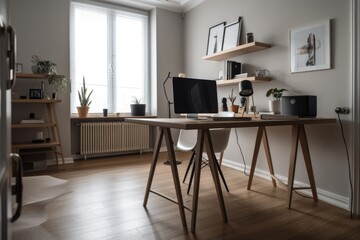 a minimalist home office with a clean, uncluttered workspace and sleek furniture, created with generative ai