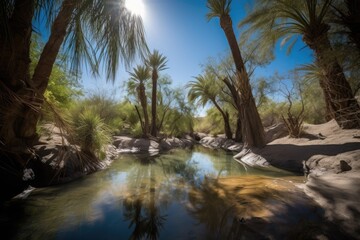 desert oasis with clear blue sky and sunlight shining through the trees, created with generative ai