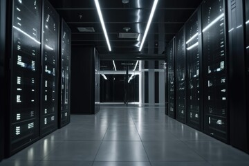 data center, with racks of servers and blinking lights, against background of modern office building, created with generative ai