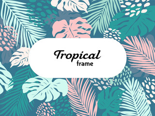Summer tropical background with monstera and palm leaves with frame for text message. Exotic vector illustration.