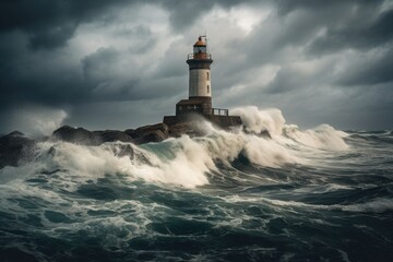 Fototapeta na wymiar abandoned lighthouse, surrounded by stormy and turbulent sea, created with generative ai
