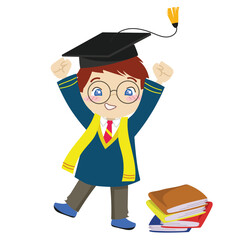A cute brown-haired boy with blue toga dress standing near the stack of books on the graduation day celebration on white background for kids’ fashion artworks, children books, invitations, graduation 