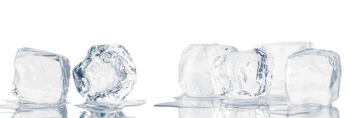 Natural crystal clear melting ice cubes isolated on white. Mirroring reflective surface background.