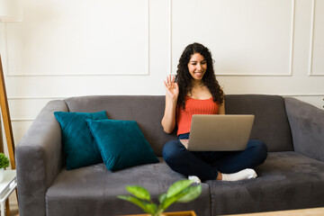 Smiling beautiful woman in the living room using the laptop
