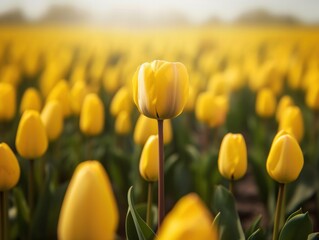 field of yellow tulips, sharp in focus flowers and professionally unsharpened background, generative ai