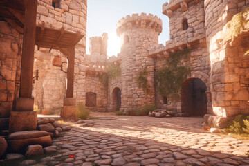 Paved courtyard of a medieval castle. Cinematic light, volumetric light, no people with empty space for characters. Realistic environment made with Generative AI - obrazy, fototapety, plakaty
