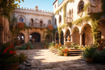Fototapeta na wymiar Paved courtyard of a medieval castle. Cinematic light, volumetric light, no people with empty space for characters. Realistic environment made with Generative AI