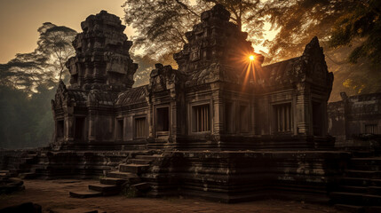 ancient temple at sunrise with the first rays of light