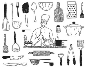 Set of kitchen utensils and man chef cooking. Vector hand-drawn illustration. Boy confectioner makes desserts. Cooking tools