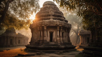 ancient temple at sunrise with the first rays of light
