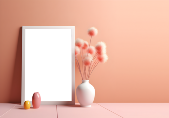 Photo frame with transparent cutout on bright background with vase and flowers, PNG file. Mockup template for artwork design. Copy text space.