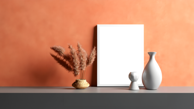 Photo frame with transparent cutout on bright background with vase and flowers, PNG file. Mockup template for artwork design. Copy text space. 3D rendering

