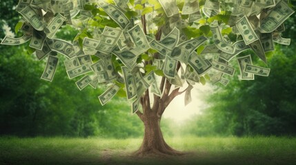 Money tree of good luck and Feng Shui made of banknotes in green forest. Capital growth, investment, saving money, economy, finance and business concept.