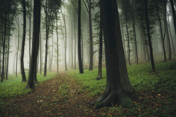 green path in the woods on rainy weather with fog