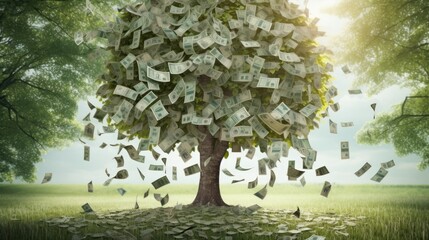 Money tree of good luck and Feng Shui made of banknotes in green forest. Capital growth, investment, saving money, economy, finance and business concept.