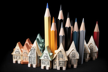 Model of houses painted with colored pencils. Children's creativity. 