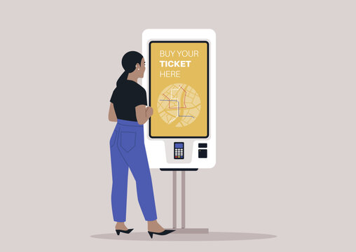 A self-service ticket machine, a daily commute concept, urban transportation system