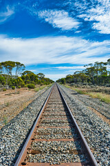 Fototapeta na wymiar Straight railroad line in the Australian outback, between Esperance and Norseman, Western Australia 