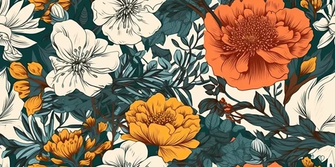 Fototapeten AI Generated. AI Generative. Vintahe retro hand drawn flowers pattern in boho style. Graphic Art © AkimD