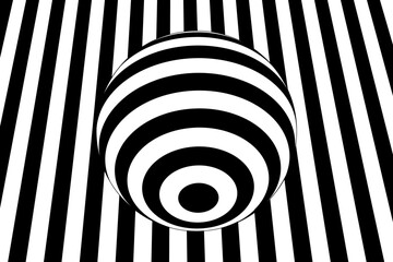 Striped 3D sphere, orb surface, globe figure on black and white stripes background. Ball model. Spherical shape with concentric circles pattern
