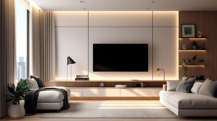 Generative ai illustration of modern interior with comfortable sofa and television on wall