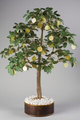 Money tree of good luck and Feng Shui made of golden coins. Capital growth, investment, saving money, economy, finance and business concept