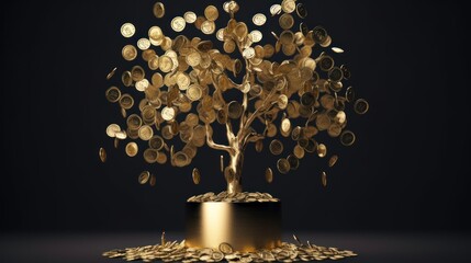 Money tree of good luck and Feng Shui made of golden coins. Capital growth, investment, saving money, economy, finance and business concept