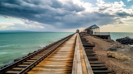 Fototapeta premium Train Tracks Running Alongside the Sea, Generative AI