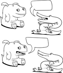 Funny hippopotamus and crocodile sit and chat.