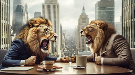 Lions arguing at a business meeting. Generative ai - obrazy, fototapety, plakaty