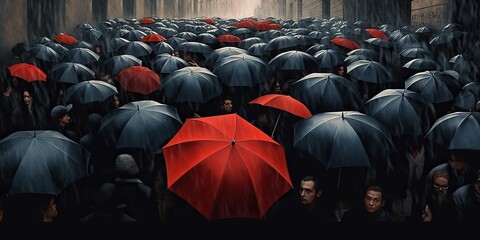 AI Generated. AI Generative. Illustration of rain street with crowd people with umbrella. Graphic Art