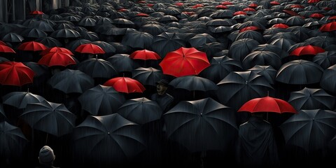 AI Generated. AI Generative. Illustration of rain street with crowd people with umbrella. Graphic Art