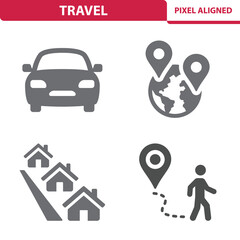 Travel Icons. Tourism, Car, Vehicle, Globe, Earth, Destination, City, Town, Tourist Vector Icon Set