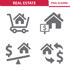 Real Estate Icons. House, Home, Shopping Cart, Dollar, Mortgage Vector Icon Set
