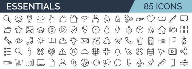 Set of 85 of minimalist and simple essential icons. Vector illustration. Suitable for Web Page, Mobile App, Web, Print. Editable stroke. - obrazy, fototapety, plakaty