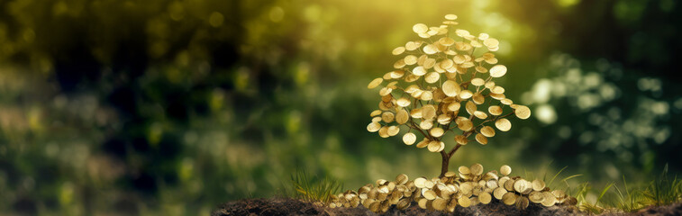 Money tree of good luck and Feng Shui made of golden coins in green forest. Capital growth, investment, saving money, economy, finance and business concept - obrazy, fototapety, plakaty
