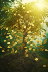 Fototapeta na wymiar Money tree of good luck and Feng Shui made of golden coins in green forest. Capital growth, investment, saving money, economy, finance and business concept