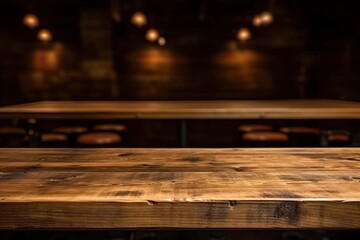 An empty wooden counter table top for product display in a bar or pub. Created with Generative AI technology.