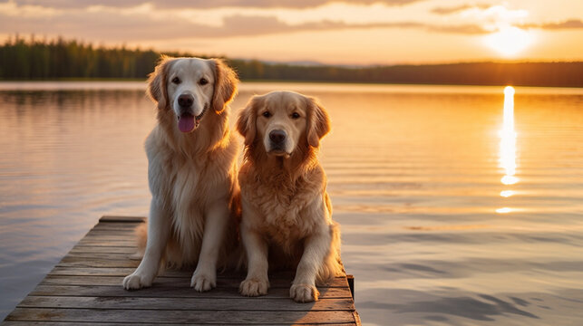 golden retriever dogs with the calm water of a lake in the background sunset, ai generative