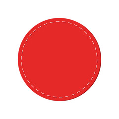 A red badge sewn on with threads intended to be used as a design element for product promotion. Vector illustration.