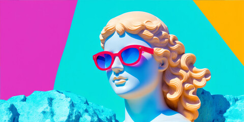 Aphrodite of Knidos sculpture wearing a colorful sunglasses on party colored background from generative AI