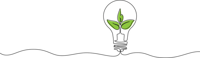 continuous single line drawing of green plant in light bulb, green energy concept line art vector illustration © Christian Horz