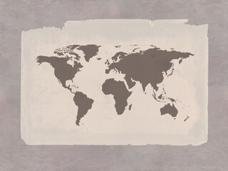 Watercolor background with world map motif. Brown banner or wallpaper. 